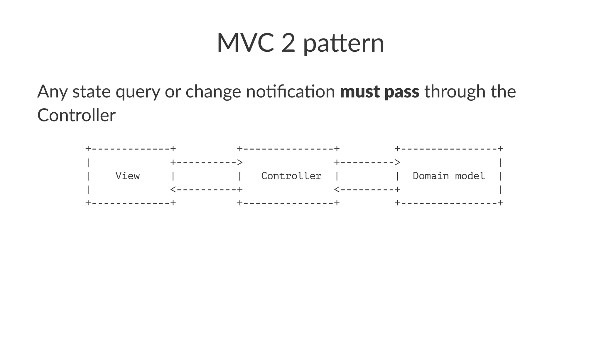MVC 2 pa(ern
Any state query or change no0ﬁca0on must pass through the
Controller
+-------------+ +---------------+ +----------------+
| +----------> +---------> |
| View | | Controller | | Domain model |
| <----------+ <---------+ |
+-------------+ +---------------+ +----------------+
 