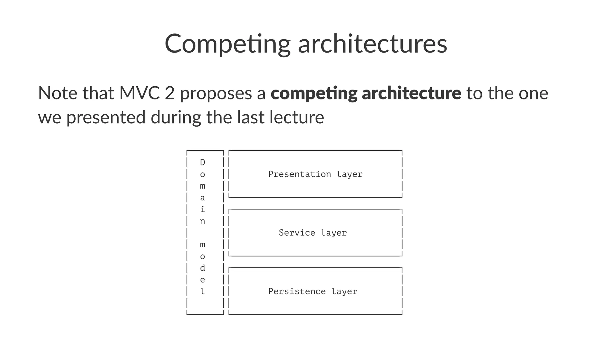 Compe&ng architectures
Note that MVC 2 proposes a compe&ng architecture to the one
we presented during the last lecture
┌──────┐┌────────────────────────────────┐
│ D ││ │
│ o ││ Presentation layer │
│ m ││ │
│ a │└────────────────────────────────┘
│ i │┌────────────────────────────────┐
│ n ││ │
│ ││ Service layer │
│ m ││ │
│ o │└────────────────────────────────┘
│ d │┌────────────────────────────────┐
│ e ││ │
│ l ││ Persistence layer │
│ ││ │
└──────┘└────────────────────────────────┘
 