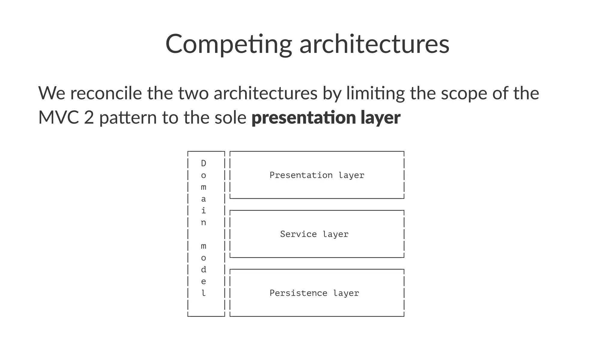 Compe&ng architectures
We reconcile the two architectures by limi3ng the scope of the
MVC 2 pa;ern to the sole presenta(on layer
┌──────┐┌────────────────────────────────┐
│ D ││ │
│ o ││ Presentation layer │
│ m ││ │
│ a │└────────────────────────────────┘
│ i │┌────────────────────────────────┐
│ n ││ │
│ ││ Service layer │
│ m ││ │
│ o │└────────────────────────────────┘
│ d │┌────────────────────────────────┐
│ e ││ │
│ l ││ Persistence layer │
│ ││ │
└──────┘└────────────────────────────────┘
 