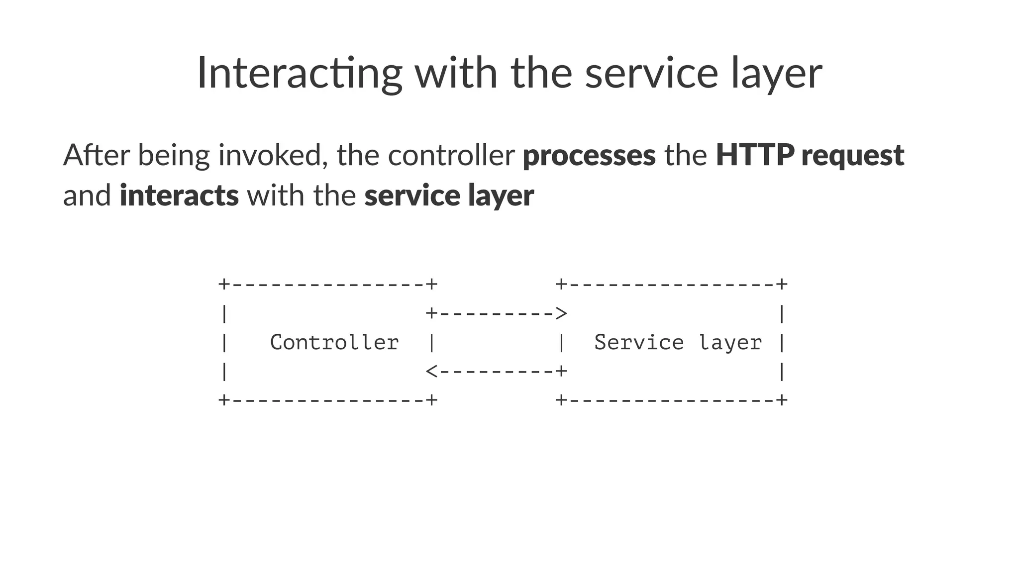 Interac(ng with the service layer
A"er being invoked, the controller processes the HTTP request
and interacts with the service layer
+---------------+ +----------------+
| +---------> |
| Controller | | Service layer |
| <---------+ |
+---------------+ +----------------+
 