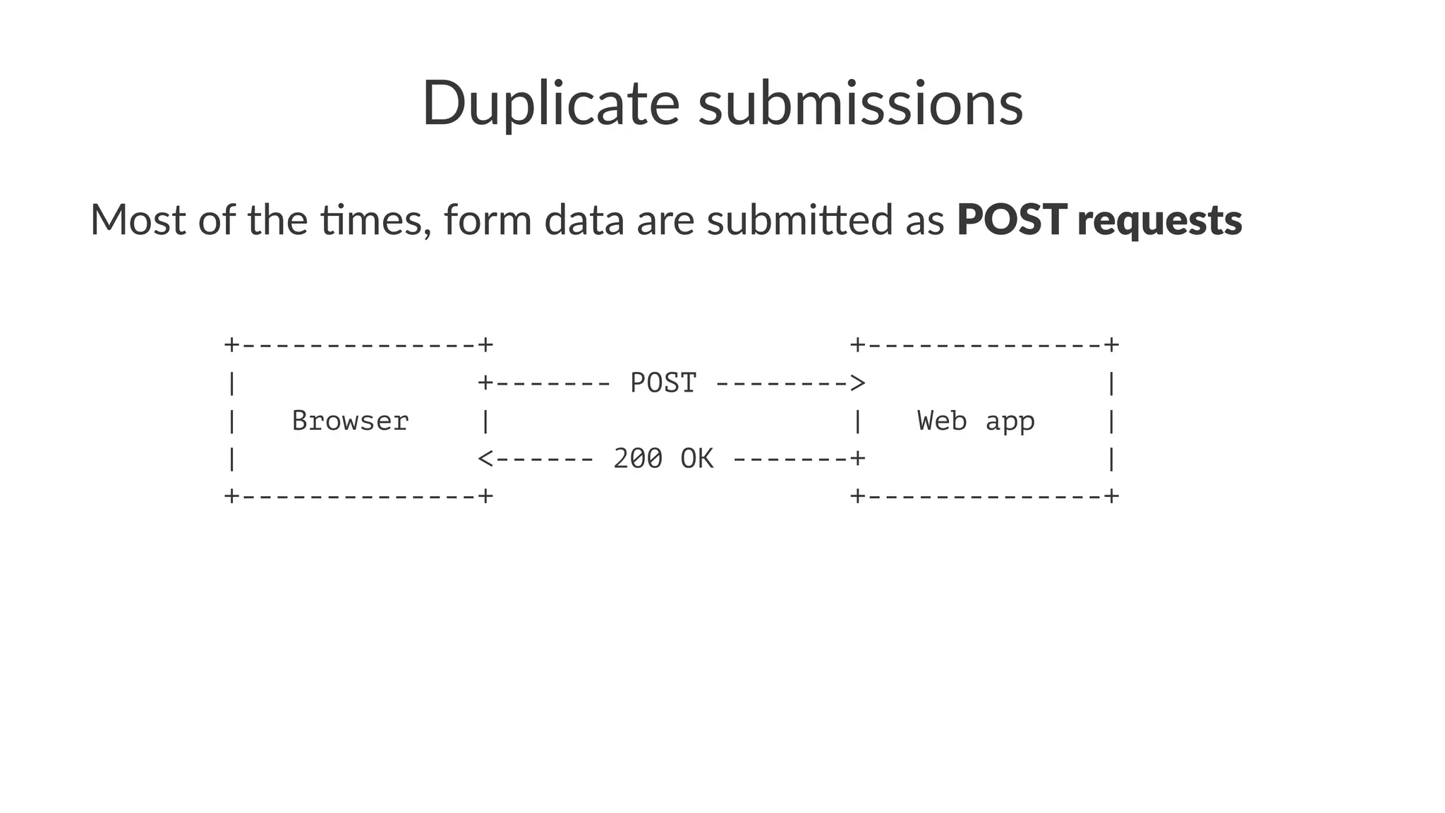 Duplicate submissions
Most of the )mes, form data are submi2ed as POST requests
+--------------+ +--------------+
| +------- POST --------> |
| Browser | | Web app |
| <------ 200 OK -------+ |
+--------------+ +--------------+
 