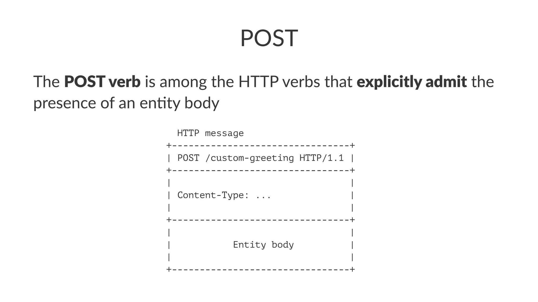 POST
The POST verb is among the HTTP verbs that explicitly admit the
presence of an en5ty body
HTTP message
+--------------------------------+
| POST /custom-greeting HTTP/1.1 |
+--------------------------------+
| |
| Content-Type: ... |
| |
+--------------------------------+
| |
| Entity body |
| |
+--------------------------------+
 