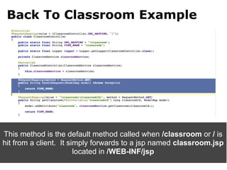 Back To Classroom Example




This method is the default method called when /classroom or / is
hit from a client. It simply forwards to a jsp named classroom.jsp
                        located in /WEB-INF/jsp
 