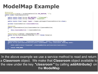 ModelMap Example




 In the above example we use a service method to read and return
a Classroom object. We make that Classroom object available to
the view under the key "classroom " by calling addAttribute() on
                         the ModelMap
 