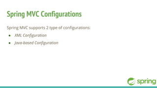 Spring MVC Configurations
Spring MVC supports 2 type of configurations:
● XML Configuration
● Java-based Configuration
 