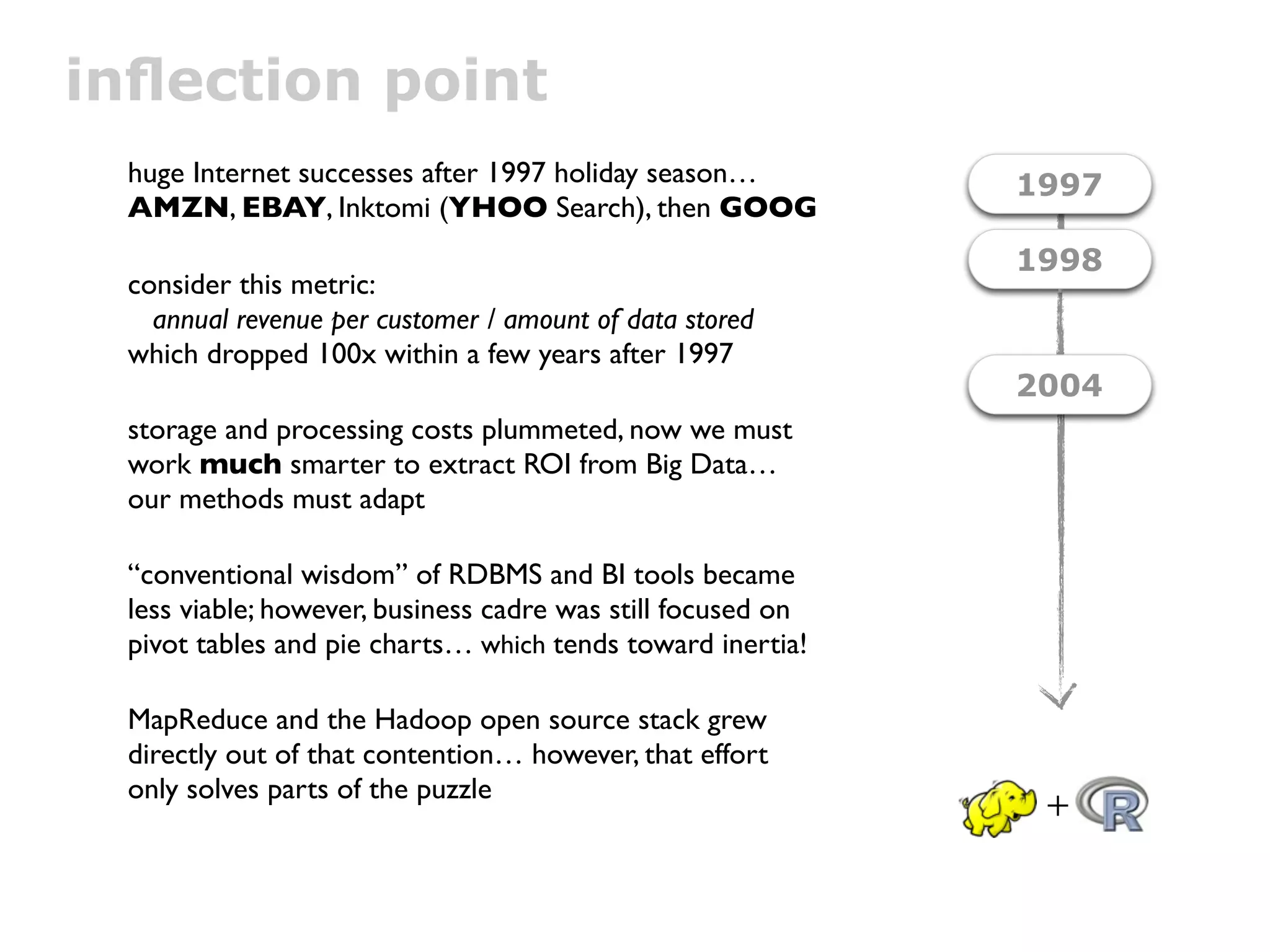 inﬂection point
 huge Internet successes after 1997 holiday season…          1997
 AMZN, EBAY, Inktomi (YHOO Search), then GOOG
                                                             1998
 consider this metric:
   annual revenue per customer / amount of data stored
 which dropped 100x within a few years after 1997
                                                             2004
 storage and processing costs plummeted, now we must
 work much smarter to extract ROI from Big Data…
 our methods must adapt

 “conventional wisdom” of RDBMS and BI tools became
 less viable; however, business cadre was still focused on
 pivot tables and pie charts… which tends toward inertia!

 MapReduce and the Hadoop open source stack grew
 directly out of that contention… however, that effort
 only solves parts of the puzzle
                                                              ＋
 