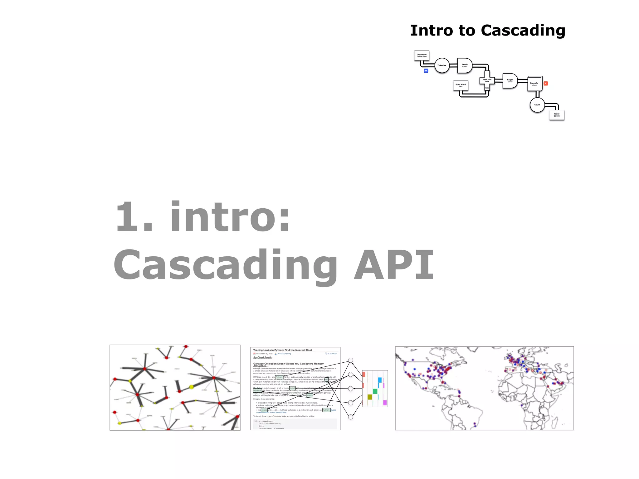 Intro to Cascading
            Document
            Collection



                                         Scrub
                         Tokenize
                                         token

                    M



                                                 HashJoin   Regex
                                                   Left     token
                                                                    GroupBy    R
                                    Stop Word                        token
                                       List
                                                   RHS




                                                                       Count




                                                                                   Word
                                                                                   Count




1. intro:
Cascading API
 