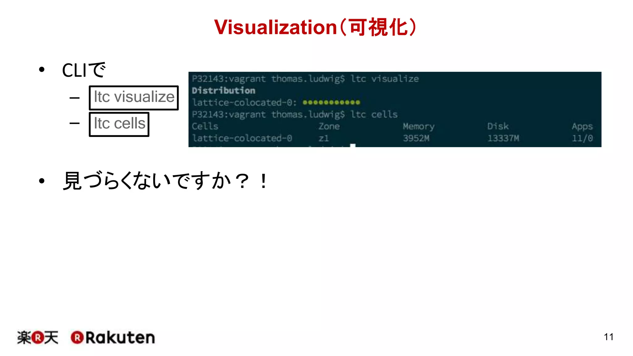 Visualization（可視化）
• CLIで
–
–
• 見づらくないですか？！
11
ltc visualize
ltc cells
 