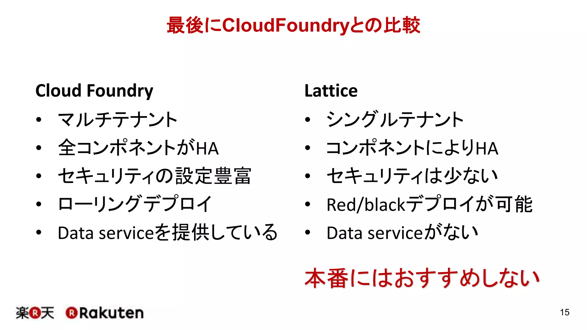 最後にCloudFoundryとの比較
Cloud Foundry
• マルチテナント
• 全コンポネントがHA
• セキュリティの設定豊富
• ローリングデプロイ
• Data serviceを提供している
Lattice
• シングルテナント
• コンポネントによりHA
• セキュリティは少ない
• Red/blackデプロイが可能
• Data serviceがない
15
本番にはおすすめしない
 