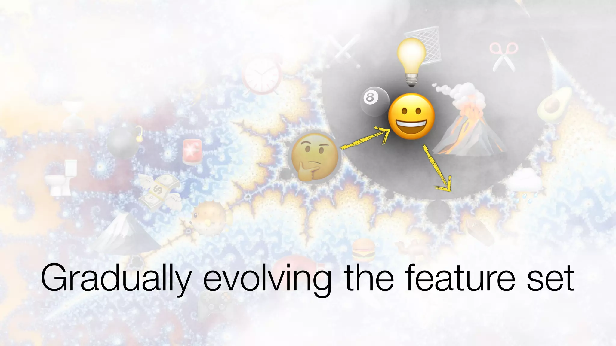 🗻
🌋
💩
🥊
🚨
⏰
💸
🐡
🎱
🍔
🎮
💣
🚽
🔪
🦂
🌧
🐫
⚔
⚰
🥑
🗑 ✂
⌛
🤔
Gradually evolving the feature set
😀
💡
 