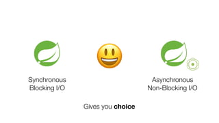 Asynchronous
Non-Blocking I/O
😃
Synchronous
Blocking I/O
Gives you choice
 