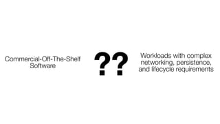 Commercial-Off-The-Shelf
Software
Workloads with complex
networking, persistence,
and lifecycle requirements
??
 