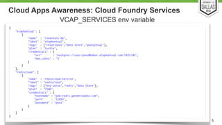 Cloud Apps Awareness: Cloud Foundry Services 
{ 
"elephantsql": [ 
{ 
"name" : "inventory-db", 
"label" : "elephantsql", 
"tags" : ["relational","Data Store","postgresql"], 
"plan" : "turtle", 
"credentials" : { 
"uri" : "postgres://user:pass@babar.elephantsql.com:5432/db", 
"max_conns" : "5" 
} 
} 
], 
"rediscloud": [ 
{ 
"name" : "rediscloud-service", 
"label" : "rediscloud", 
"tags" : ["key-value","redis","Data Store"], 
"plan" : "25mb", 
"credentials" : { 
"hostname" : "pub-redis.garantiadata.com", 
"port" : "11853", 
"password" : "pass" 
} 
} 
] 
} 
5 
VCAP_SERVICES env variable 
 