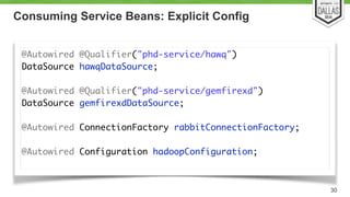 Consuming Service Beans: Explicit Config 
30 
@Autowired @Qualifier("phd-service/hawq") 
DataSource hawqDataSource; 
@Autowired @Qualifier("phd-service/gemfirexd") 
DataSource gemfirexdDataSource; 
! 
@Autowired ConnectionFactory rabbitConnectionFactory; 
! 
@Autowired Configuration hadoopConfiguration; 
 