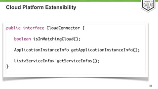 Cloud Platform Extensibility 
34 
public interface CloudConnector { 
! 
boolean isInMatchingCloud(); 
ApplicationInstanceInfo getApplicationInstanceInfo(); 
! 
List<ServiceInfo> getServiceInfos(); 
} 
 