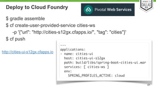 Deploy to Cloud Foundry 
$ gradle assemble 
$ cf create-user-provided-service cities-ws 
-p '{"url": "http://cities-s12gx.cfapps.io/", "tag": "cities"}' 
$ cf push 
41 
--- 
applications: 
- name: cities-ui 
host: cities-ui-s12gx 
path: build/libs/spring-boot-cities-ui.war 
services: [ cities-ws ] 
env: 
SPRING_PROFILES_ACTIVE: cloud 
http://cities-ui-s12gx.cfapps.io 
 