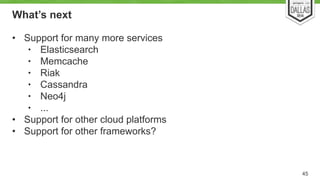 What’s next 
• Support for many more services 
• Elasticsearch 
• Memcache 
• Riak 
• Cassandra 
• Neo4j 
• ... 
• Support for other cloud platforms 
• Support for other frameworks? 
45 
 