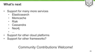 What’s next 
• Support for many more services 
• Elasticsearch 
• Memcache 
• Riak 
• Cassandra 
• Neo4j 
• ... 
• Support for other cloud platforms 
• Support for other frameworks? 
45 
Community Contributions Welcome! 
 