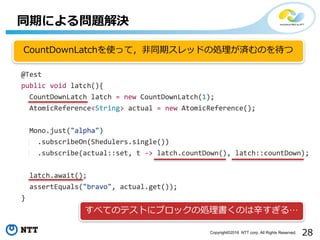 28Copyright©2016 NTT corp. All Rights Reserved.
同期による問題解決
CountDownLatchを使って，⾮同期スレッドの処理が済むのを待つ
すべてのテストにブロックの処理書くのは⾟すぎる…
 