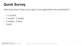 Unless otherwise indicated, these slides are © 2013 -2016 Piv otal Software, Inc. and licensed under a
Creative Commons Attribution-NonCommercial license: http://creativecommons.org/licenses/by-nc/3.0/
Quick Survey
How long does it take you to get a new application into production?
- > 1 month
- 1 month - 2 weeks
- 2 weeks - 2 days
- Less?
4
 