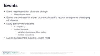 Unless otherwise indicated, these slides are © 2013 -2017 Piv otal Software, Inc. and licensed under a Creative
Commons Attribution-NonCommercial license: http://creativecommons.org/licenses/by -nc/3.0/
Events
5
• Event - representation of a state change
• Always in past tense
• Events are delivered in a form or protocol specific records using some Messaging
middleware.
• Many delivery mechanisms
• HTTP (REST)
• Publish/Subscribe
• variation of pipes-and-filters pattern
• multiple subscribers
• Events contain meta-data (i.e., event type)
 