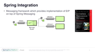 Unless otherwise indicated, these slides are © 2013 -2017 Piv otal Software, Inc. and licensed under a Creative
Commons Attribution-NonCommercial license: http://creativecommons.org/licenses/by -nc/3.0/
Spring Integration
9
• Messaging framework which provides implementation of EIP
on top of Spring Messaging
 