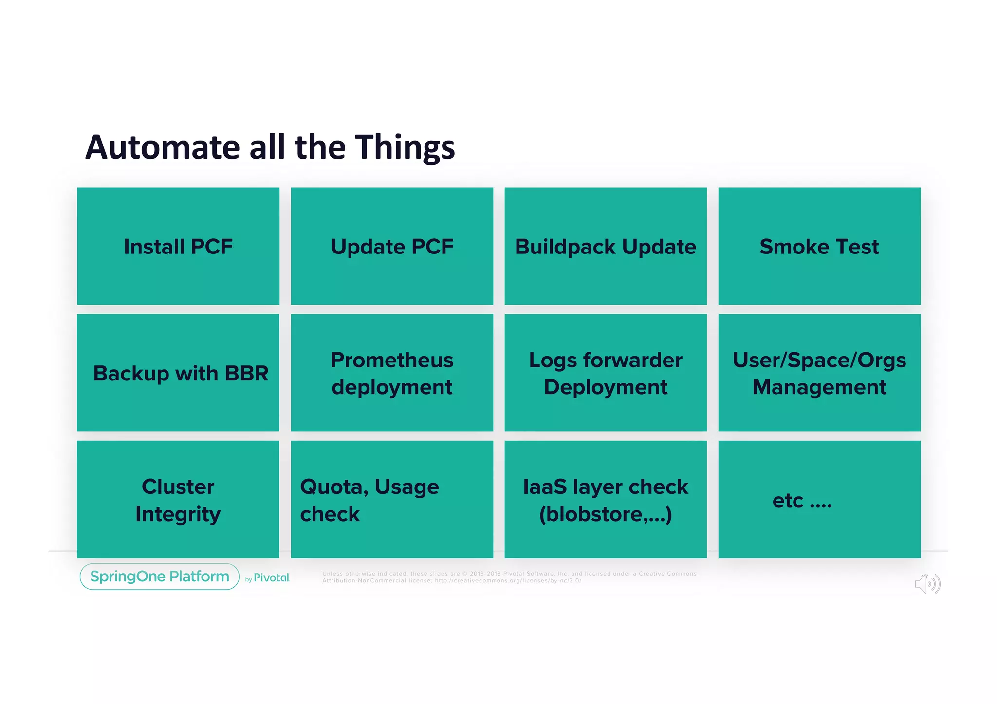 Unless otherwise indicated, these slides are © 2013-2018 Pivotal Software, Inc. and licensed under a Creative Commons
Attribution-NonCommercial license: http://creativecommons.org/licenses/by-nc/3.0/
Automate all the Things
17
Install PCF
Backup with BBR
Cluster
Integrity
Update PCF
Prometheus
deployment
Quota, Usage
check
Buildpack Update
Logs forwarder
Deployment
IaaS layer check
(blobstore,...)
Smoke Test
User/Space/Orgs
Management
etc ….
 