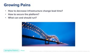 Unless otherwise indicated, these slides are © 2013-2019 Pivotal Software, Inc. and licensed under a Creative Commons Attribution-NonCommercial license: http://creativecommons.org/licenses/by-nc/3.0/
• How to decrease infrastructure change lead time?
• How to secure the platform?
• What can and should run?
Growing Pains
 