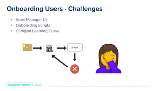 Unless otherwise indicated, these slides are © 2013-2019 Pivotal Software, Inc. and licensed under a Creative Commons Attribution-NonCommercial license: http://creativecommons.org/licenses/by-nc/3.0/
• Apps Manager UI
• Onboarding Scripts
• Cf-mgmt Learning Curve
Onboarding Users - Challenges
 
