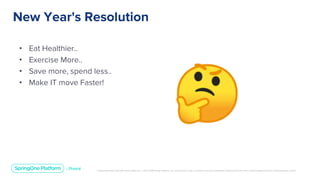 Unless otherwise indicated, these slides are © 2013-2019 Pivotal Software, Inc. and licensed under a Creative Commons Attribution-NonCommercial license: http://creativecommons.org/licenses/by-nc/3.0/
• Eat Healthier..
• Exercise More..
• Save more, spend less..
• Make IT move Faster!
New Year's Resolution
 