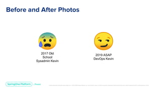 Unless otherwise indicated, these slides are © 2013-2019 Pivotal Software, Inc. and licensed under a Creative Commons Attribution-NonCommercial license: http://creativecommons.org/licenses/by-nc/3.0/
Before and After Photos
2017 Old
School
Sysadmin Kevin
2019 ASAP
DevOps Kevin
 