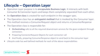 Unless otherwise indicated, these slides are © 2013-2019 Pivotal Software, Inc. and licensed under a Creative Commons Attribution-NonCommercial license: http://creativecommons.org/licenses/by-nc/3.0/
Lifecycle – Operation Layer
2
8
• Operation Layer purpose is to encapsulate Business Logic. It interacts with both
Consumer & Connector layers and keeps them completely separated from each other.
• An Operation class is created for each endpoint in the swagger spec.
• The Operation class has an entrypoint method that is invoked by the Consumer layer.
This method receives a ConsumerRequest object and returns a ConsumerResponse
• The Operation class is responsible for:
• Orchestrating calls to all the required downstream services for the given endpoint through
connectors
• Preparing ConnectorRequest Objects for each connector call
• And finally, preparing ConsumerResponse object to send back to the consumer layer
• Lifecycle code has well defined methods for each of the above responsibilities
 