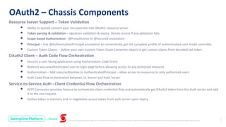Unless otherwise indicated, these slides are © 2013-2019 Pivotal Software, Inc. and licensed under a Creative Commons Attribution-NonCommercial license: http://creativecommons.org/licenses/by-nc/3.0/
OAuth2 – Chassis Components
3
1
Resource Server Support – Token Validation
• Ability to quickly convert your microservice into OAuth2 resource server
• Token parsing & validation – signature validation & expiry: Denies access if any validation fails
• Scope based Authorization - @Preauthorize or @Secured annotation
• Principal – Use @AuthenicationPrincipal annotation to conveniently get the complete profile of authenticated user inside controller
• Custom Token Claims – Define your own Custom Token Claim Converter object to get custom claims from decoded Jwt token
OAuth2 Client – Auth Code Flow Orchestration
• Secures a user facing application using Authorization Code Grant
• Redirect any unauthenticated user to login page before allowing access to any protected resource
• Authorization – Add roles/authorities to AuthenticatedPrincipal – allow access to resources to only authorized users
• Auth Code Flow orchestration between UI, Server and Auth Server
Service-to-Service Auth - Client Credential Flow Orchestration
• REST Connector provides feature to orchestrate client credential flow and automatically get OAuth2 token from the Auth server and add
it to the rest request
• Caches token in memory and re-negotiates access-token from auth server upon expiry
 