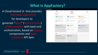 Unless otherwise indicated, these slides are © 2013-2019 Pivotal Software, Inc. and licensed under a Creative Commons Attribution-NonCommercial license: http://creativecommons.org/licenses/by-nc/3.0/
What is AppFactory?
A Cloud-hosted UI that provides
low-code-experience
for developers to
generate “Apps” (Microservices)
within minutes with back-end
orchestration, based on Chassis
components and bank-
compliant API Spec
 