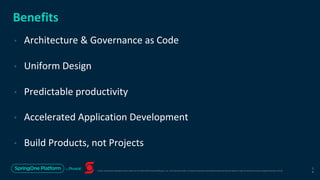 Unless otherwise indicated, these slides are © 2013-2019 Pivotal Software, Inc. and licensed under a Creative Commons Attribution-NonCommercial license: http://creativecommons.org/licenses/by-nc/3.0/
Benefits
• Architecture & Governance as Code
• Uniform Design
• Predictable productivity
• Accelerated Application Development
• Build Products, not Projects
3
6
 
