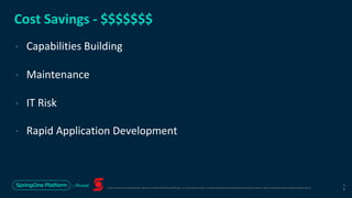 Unless otherwise indicated, these slides are © 2013-2019 Pivotal Software, Inc. and licensed under a Creative Commons Attribution-NonCommercial license: http://creativecommons.org/licenses/by-nc/3.0/
Cost Savings - $$$$$$$
• Capabilities Building
• Maintenance
• IT Risk
• Rapid Application Development
3
9
 