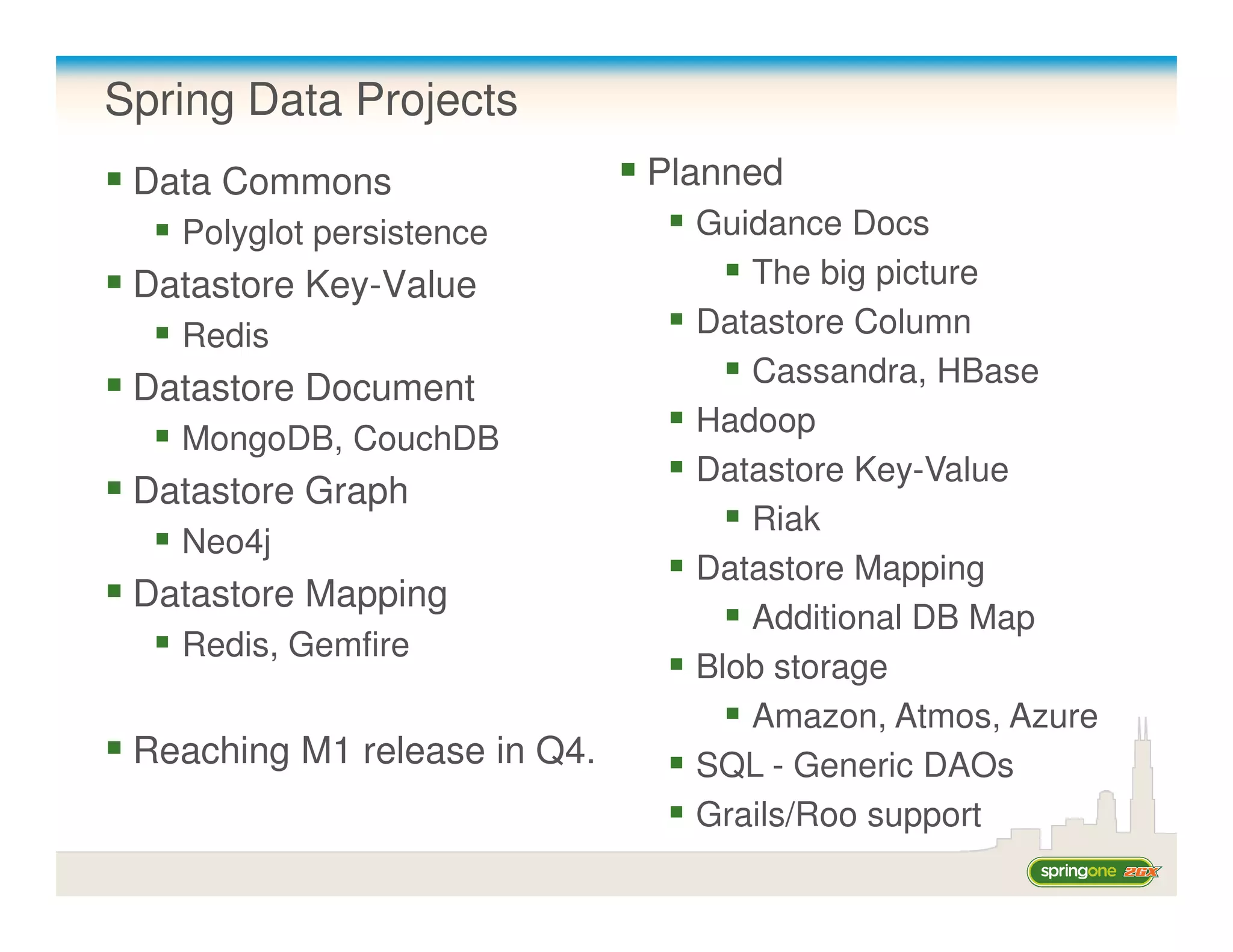 Spring Data Projects
 Data Commons                 Planned
   Polyglot persistence         Guidance Docs
 Datastore Key-Value               The big picture
   Redis                        Datastore Column
                                   Cassandra, HBase
 Datastore Document
                                Hadoop
   MongoDB, CouchDB
                                Datastore Key-Value
 Datastore Graph
                                   Riak
   Neo4j
                                Datastore Mapping
 Datastore Mapping
                                   Additional DB Map
   Redis, Gemfire
                                Blob storage
                                   Amazon, Atmos, Azure
 Reaching M1 release in Q4.     SQL - Generic DAOs
                                Grails/Roo support
 