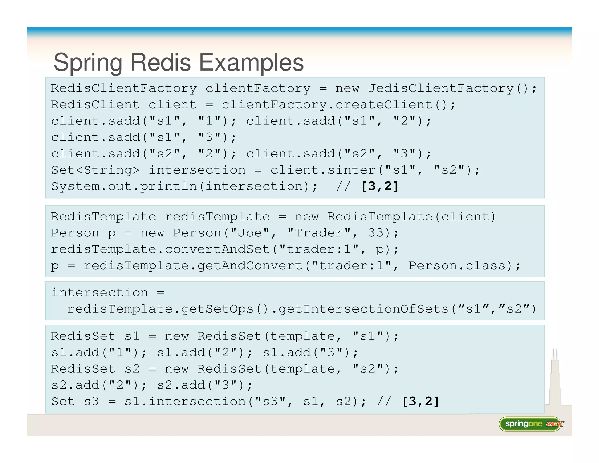 Spring Redis Examples
RedisClientFactory clientFactory = new JedisClientFactory();
RedisClient client = clientFactory.createClient();
client.sadd("s1", "1"); client.sadd("s1", "2");
client.sadd("s1", "3");
client.sadd("s2", "2"); client.sadd("s2", "3");
Set<String> intersection = client.sinter("s1", "s2");
System.out.println(intersection); // [3,2]

RedisTemplate redisTemplate = new RedisTemplate(client)
Person p = new Person("Joe", "Trader", 33);
redisTemplate.convertAndSet("trader:1", p);
p = redisTemplate.getAndConvert("trader:1", Person.class);
intersection =
  redisTemplate.getSetOps().getIntersectionOfSets(“s1”,”s2”)

RedisSet s1 = new RedisSet(template, "s1");
s1.add("1"); s1.add("2"); s1.add("3");
RedisSet s2 = new RedisSet(template, "s2");
s2.add("2"); s2.add("3");
Set s3 = s1.intersection("s3", s1, s2); // [3,2]
 