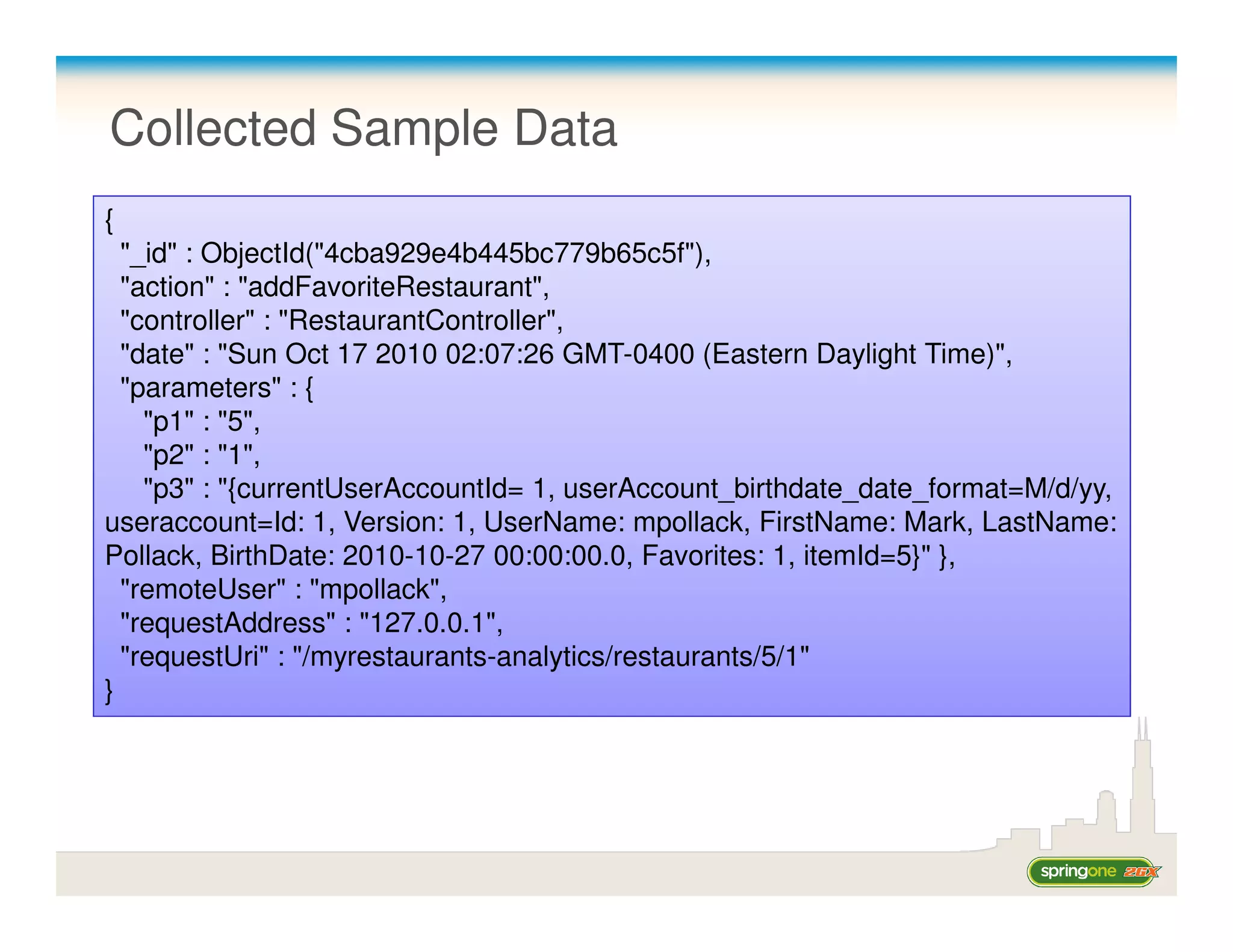 Collected Sample Data
{
  "_id" : ObjectId("4cba929e4b445bc779b65c5f"),
  "action" : "addFavoriteRestaurant",
  "controller" : "RestaurantController",
  "date" : "Sun Oct 17 2010 02:07:26 GMT-0400 (Eastern Daylight Time)",
  "parameters" : {
    "p1" : "5",
    "p2" : "1",
    "p3" : "{currentUserAccountId= 1, userAccount_birthdate_date_format=M/d/yy,
useraccount=Id: 1, Version: 1, UserName: mpollack, FirstName: Mark, LastName:
Pollack, BirthDate: 2010-10-27 00:00:00.0, Favorites: 1, itemId=5}" },
  "remoteUser" : "mpollack",
  "requestAddress" : "127.0.0.1",
  "requestUri" : "/myrestaurants-analytics/restaurants/5/1"
}
 