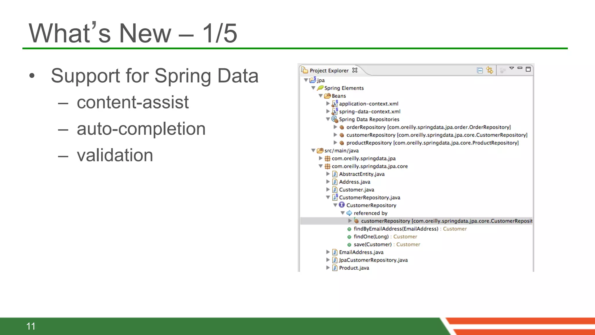 What’s New – 1/5
•  Support for Spring Data
     –  content-assist
     –  auto-completion
     –  validation




11
 