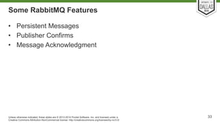 Some RabbitMQ Features 
• Persistent Messages 
• Publisher Confirms 
• Message Acknowledgment 
Unless otherwise indicated,...