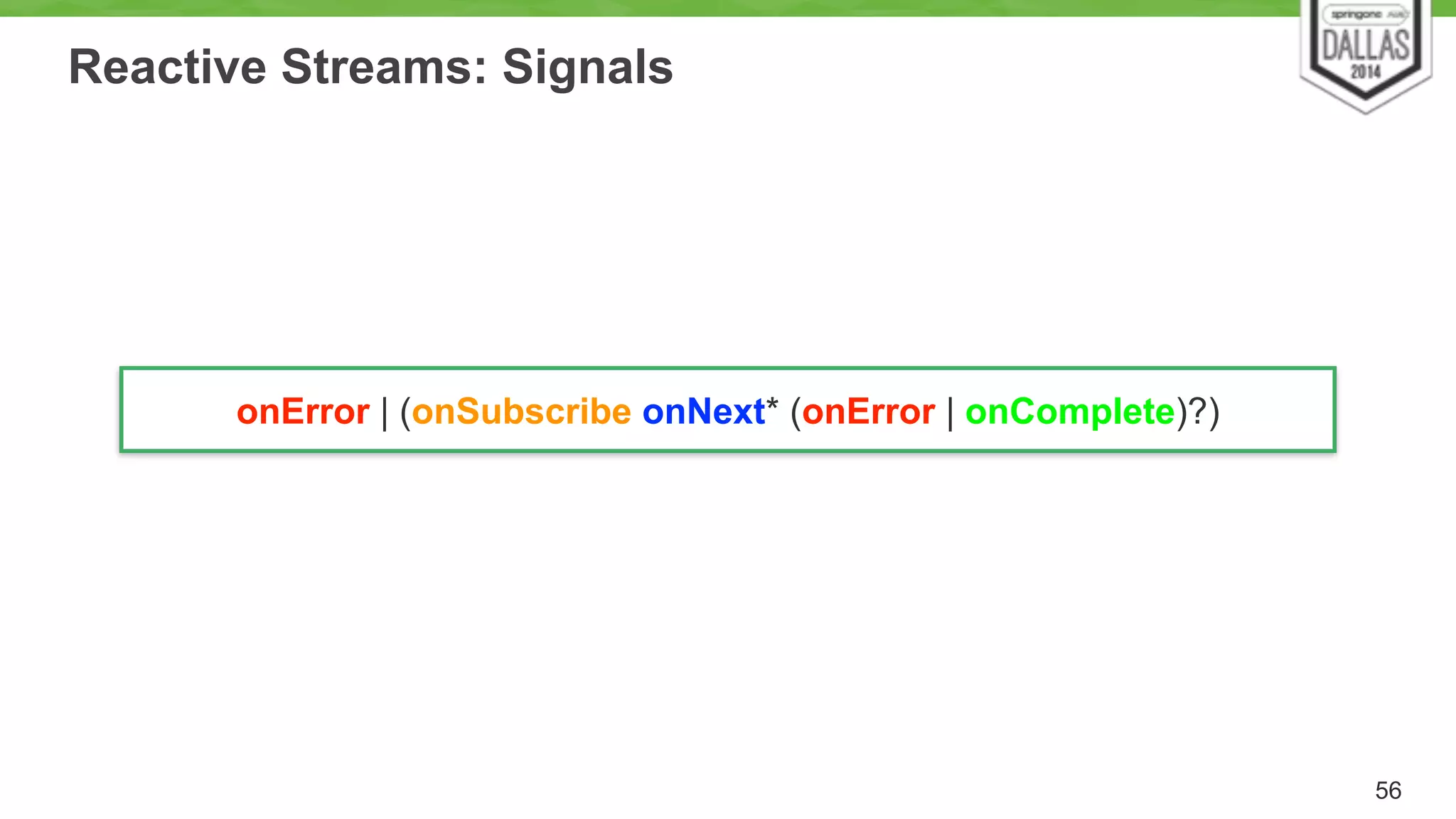 Reactive Streams: Signals 
56 
onError | (onSubscribe onNext* (onError | onComplete)?) 
 
