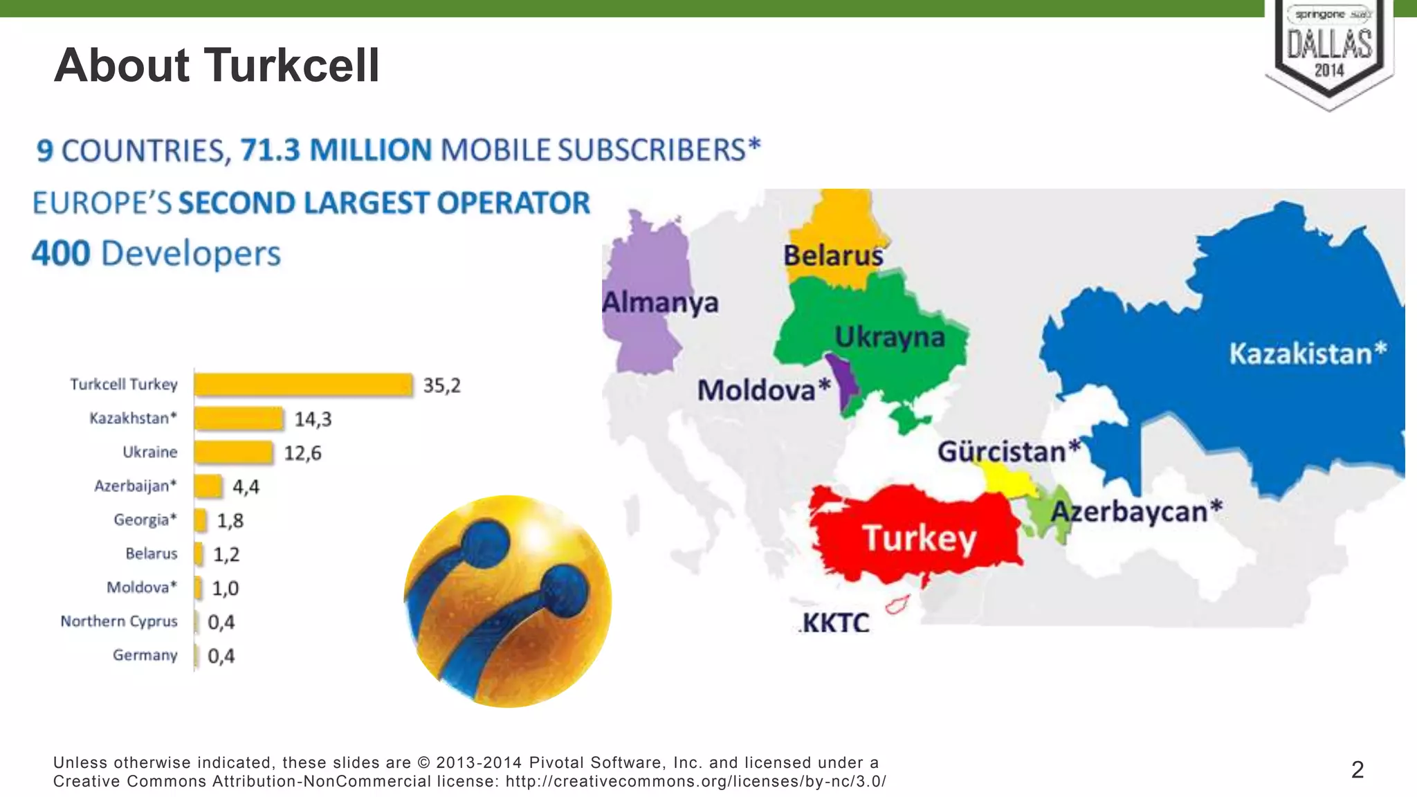 About Turkcell 
Unless otherwise indicated, these slides are © 2013-2014 Pivotal Sof tware, Inc. and licensed under a 
Creat ive Commons At tribut ion-NonCommercial license: ht tp: / /creat ivecommons.org/ licenses/by-nc/3.0/ 
2 
 