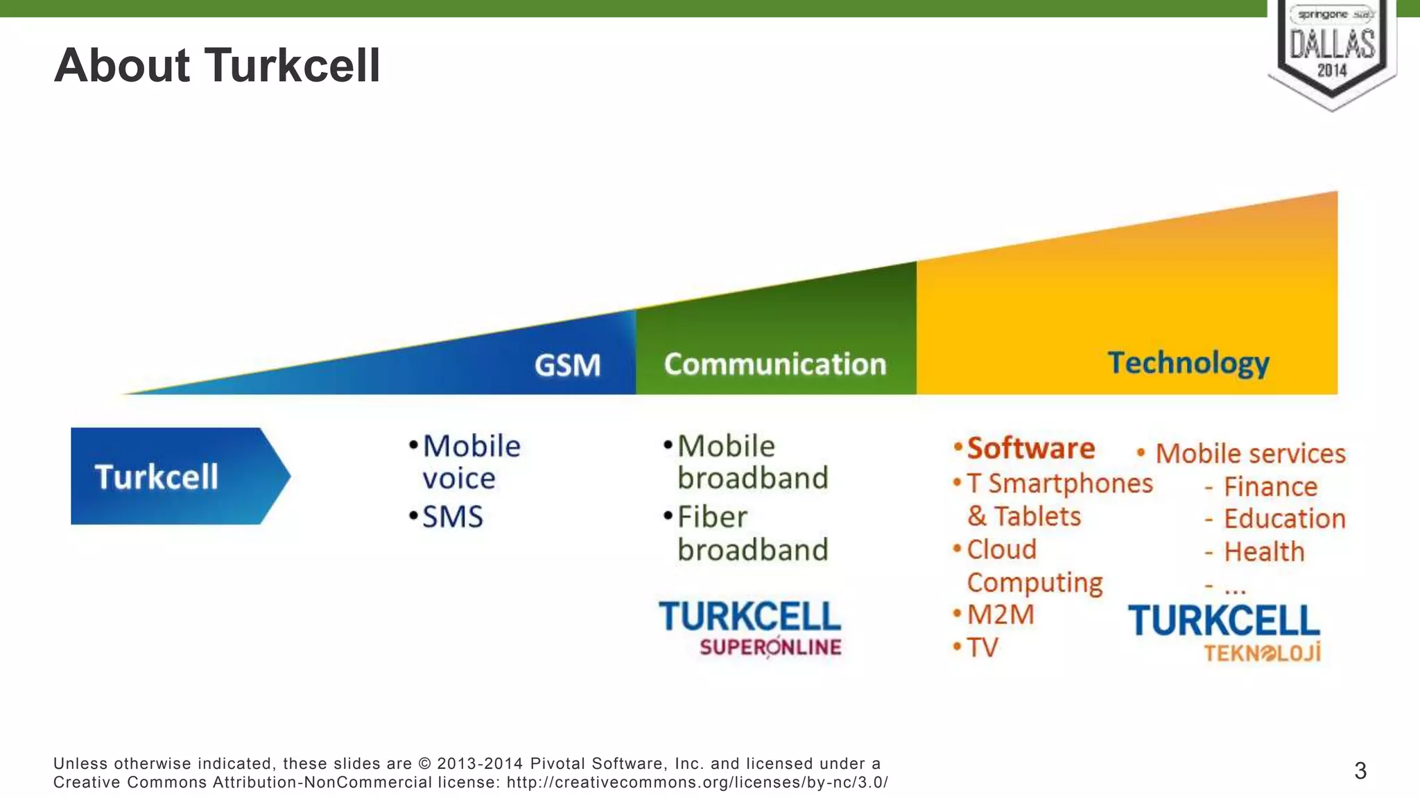 About Turkcell 
Unless otherwise indicated, these slides are © 2013-2014 Pivotal Sof tware, Inc. and licensed under a 
Creat ive Commons At tribut ion-NonCommercial license: ht tp: / /creat ivecommons.org/ licenses/by-nc/3.0/ 
3 
 