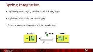 Unless otherwise indicated, these slides are © 2013-2015 Pivotal Software, Inc. and licensed under a
Creative Commons Attribution-NonCommercial license: http://creativecommons.org/licenses/by-nc/3.0/ 23
Spring Integration
● Lightweight messaging mechanism for Spring apps
● High level abstraction for messaging
● External systems integration declaring adapters
 