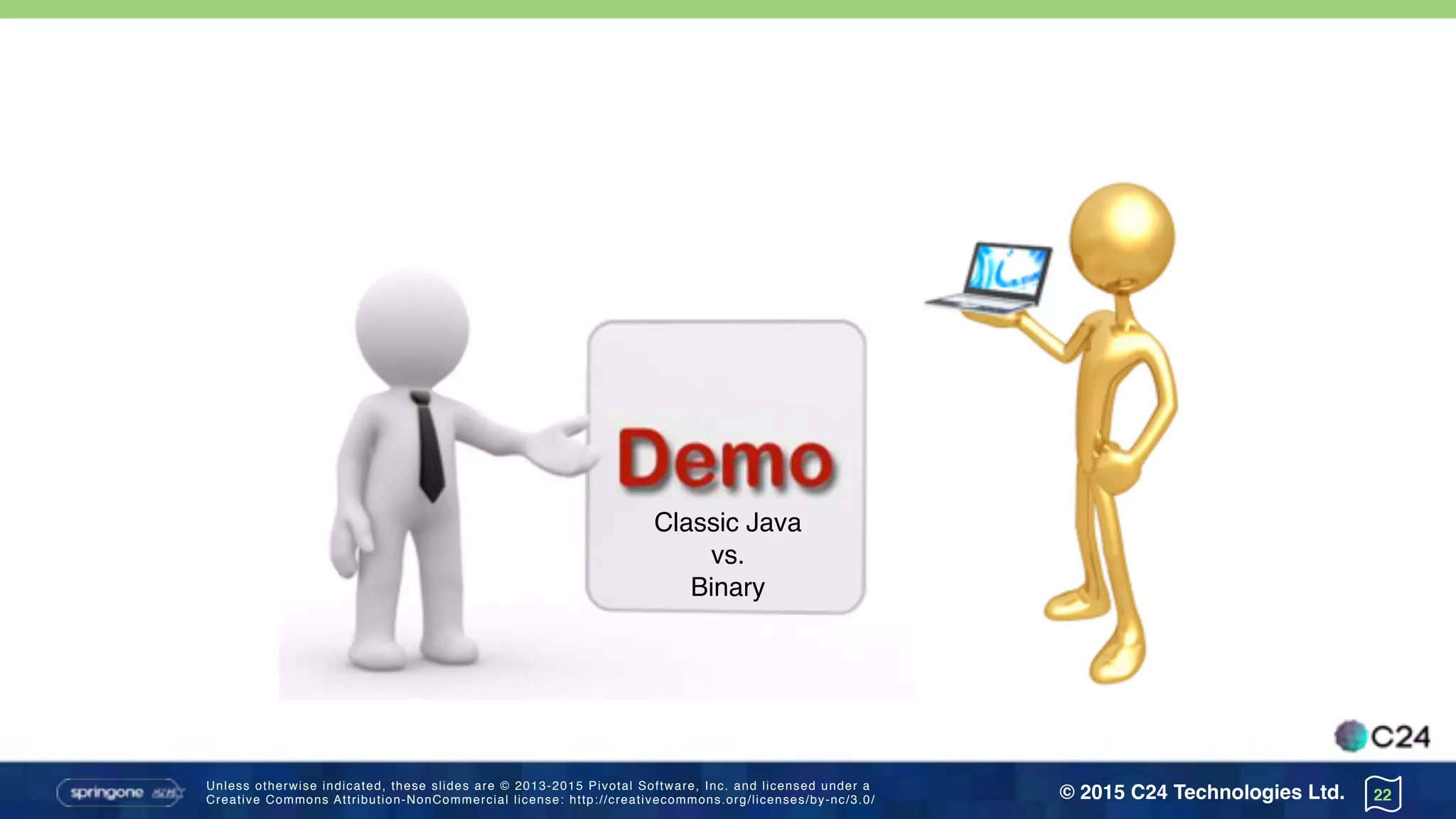 Unless otherwise indicated, these slides are © 2013-2015 Pivotal Software, Inc. and licensed under a 
Creative Commons Attribution-NonCommercial license: http://creativecommons.org/licenses/by-nc/3.0/ © 2015 C24 Technologies Ltd. 22
Classic Java
vs.
Binary
 