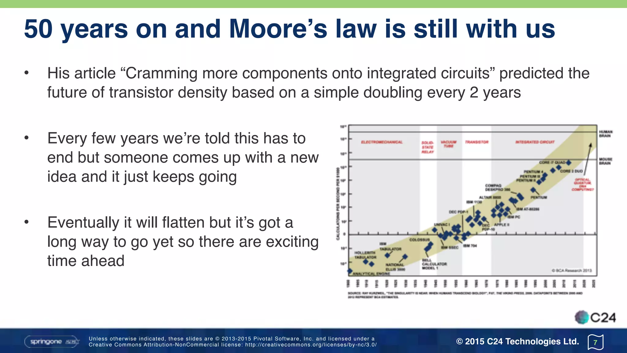 Unless otherwise indicated, these slides are © 2013-2015 Pivotal Software, Inc. and licensed under a 
Creative Commons Attribution-NonCommercial license: http://creativecommons.org/licenses/by-nc/3.0/ © 2015 C24 Technologies Ltd.
50 years on and Moore’s law is still with us
• His article “Cramming more components onto integrated circuits” predicted the
future of transistor density based on a simple doubling every 2 years
• Every few years we’re told this has to 
end but someone comes up with a new 
idea and it just keeps going
• Eventually it will flatten but it’s got a 
long way to go yet so there are exciting 
time ahead
7
 