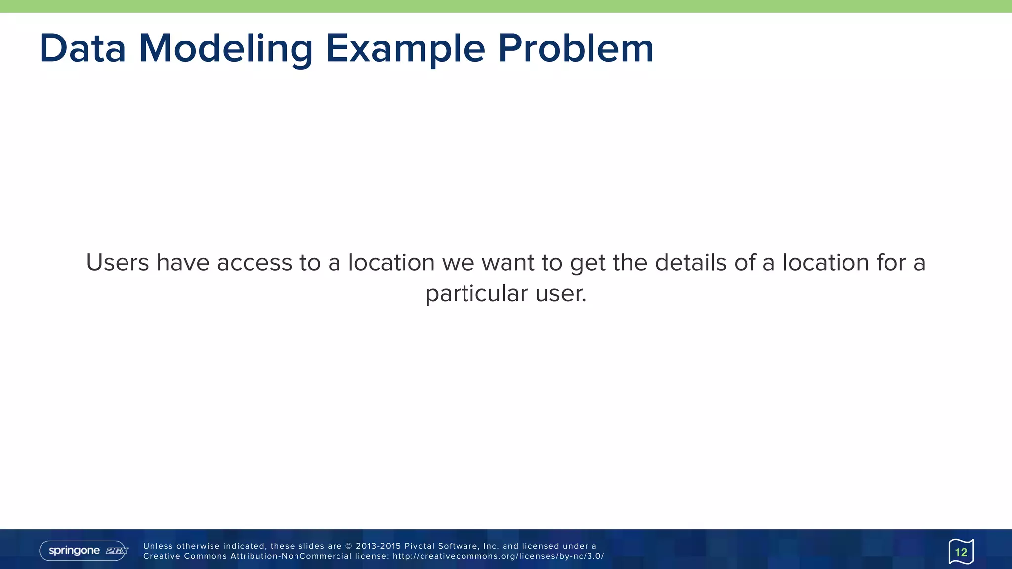 Unless otherwise indicated, these slides are © 2013-2015 Pivotal Software, Inc. and licensed under a 
Creative Commons Attribution-NonCommercial license: http://creativecommons.org/licenses/by-nc/3.0/
Data Modeling Example Problem
Users have access to a location we want to get the details of a location for a
particular user.
12
 