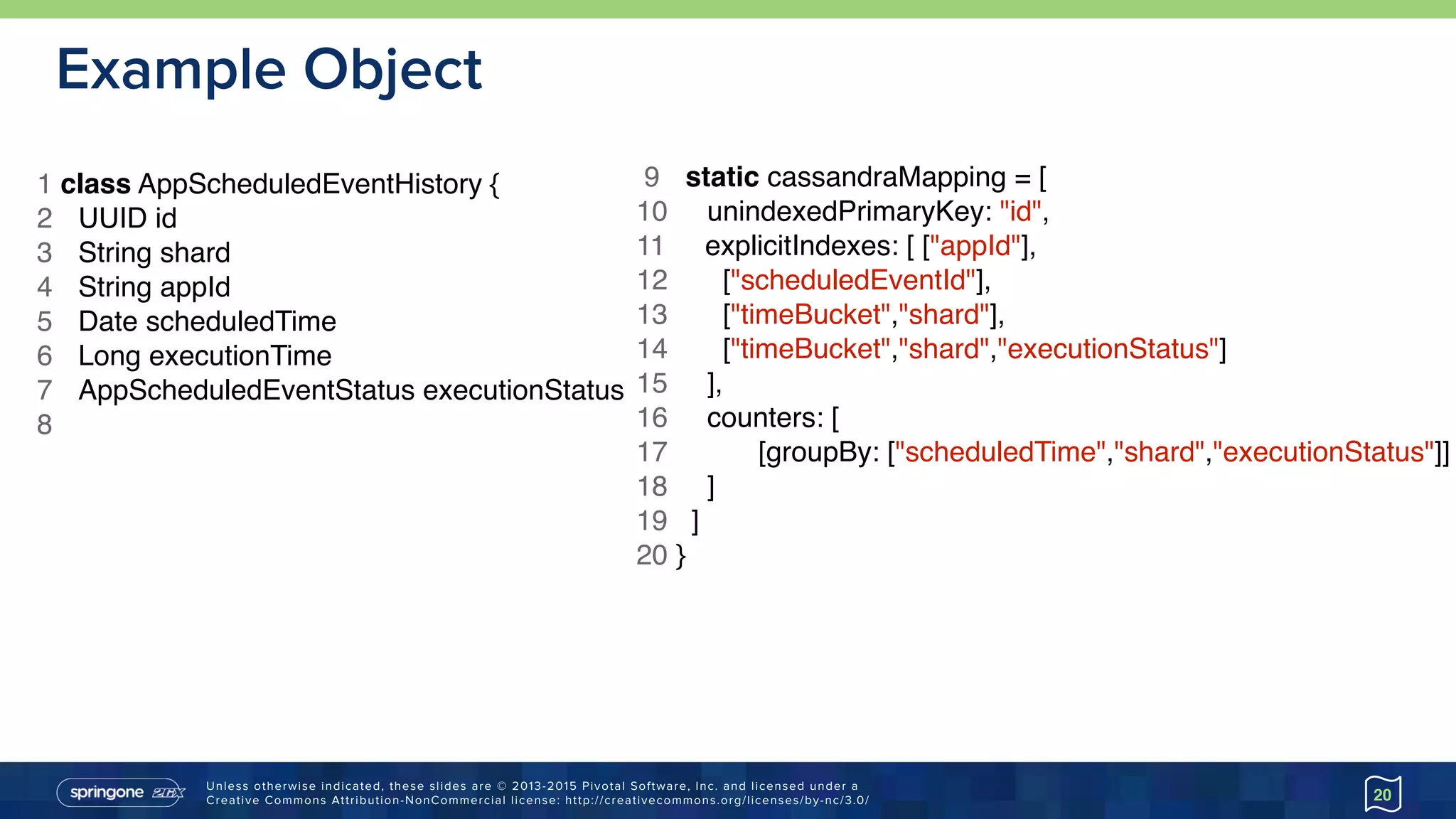 Unless otherwise indicated, these slides are © 2013-2015 Pivotal Software, Inc. and licensed under a 
Creative Commons Attribution-NonCommercial license: http://creativecommons.org/licenses/by-nc/3.0/
Example Object
20
1 class AppScheduledEventHistory {
2 UUID id
3 String shard
4 String appId
5 Date scheduledTime
6 Long executionTime
7 AppScheduledEventStatus executionStatus
8
9 static cassandraMapping = [
10 unindexedPrimaryKey: "id",
11 explicitIndexes: [ ["appId"],
12 ["scheduledEventId"],
13 ["timeBucket","shard"],
14 ["timeBucket","shard","executionStatus"]
15 ],
16 counters: [
17 [groupBy: ["scheduledTime","shard","executionStatus"]]
18 ]
19 ]
20 }
 
