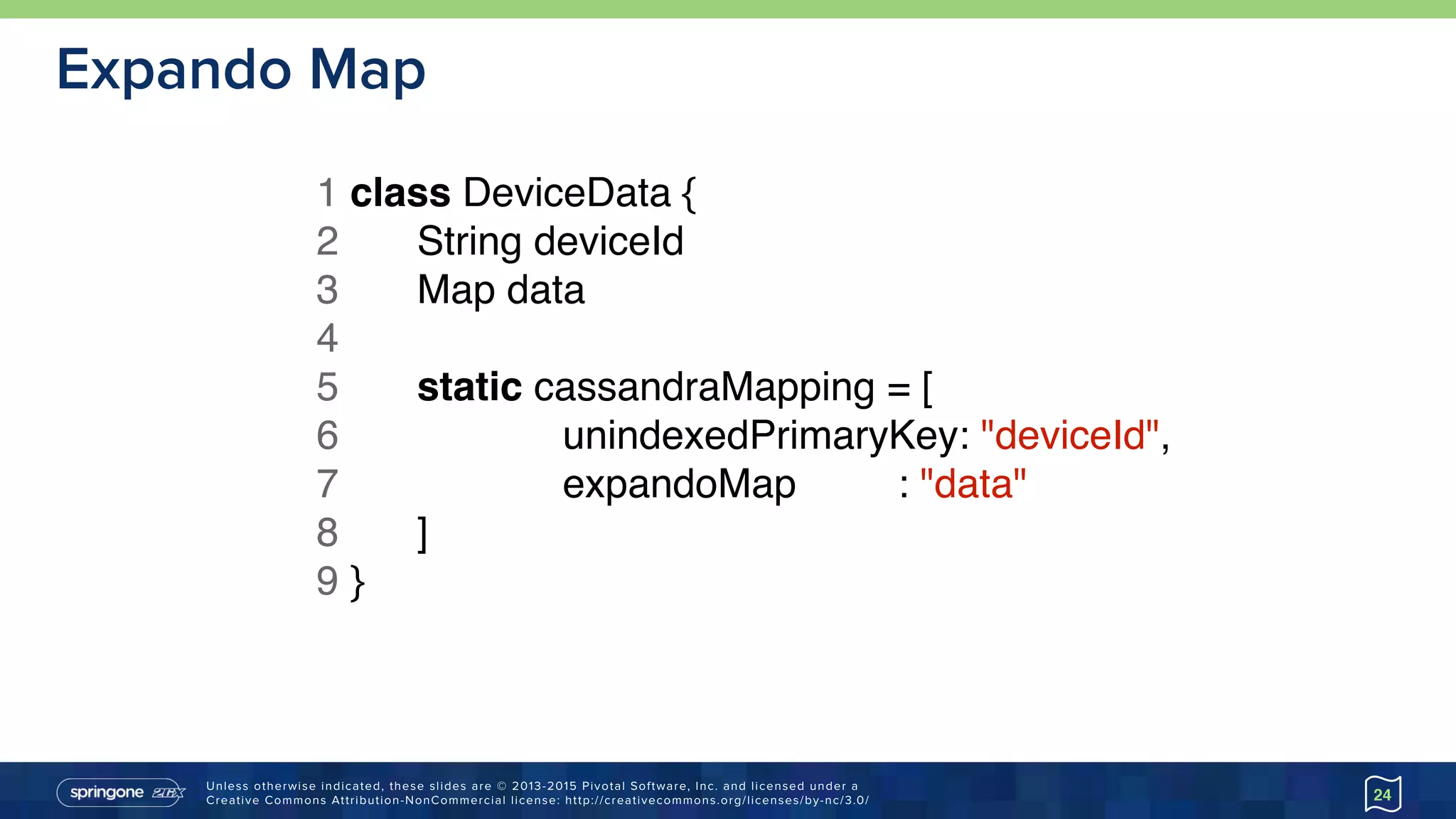 Unless otherwise indicated, these slides are © 2013-2015 Pivotal Software, Inc. and licensed under a 
Creative Commons Attribution-NonCommercial license: http://creativecommons.org/licenses/by-nc/3.0/
Expando Map
24
1 class DeviceData {
2 String deviceId
3 Map data
4
5 static cassandraMapping = [
6 unindexedPrimaryKey: "deviceId",
7 expandoMap : "data"
8 ]
9 }
 